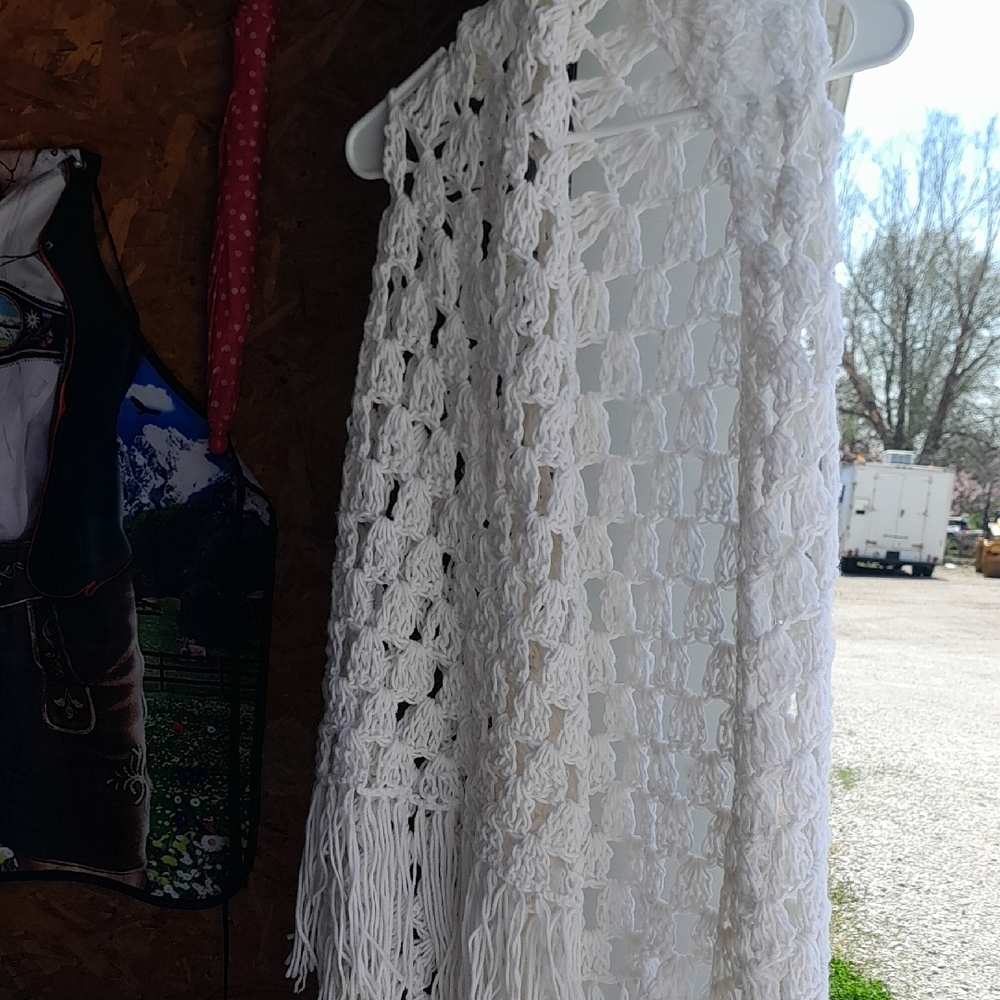 White Crochet Fringe Scarf